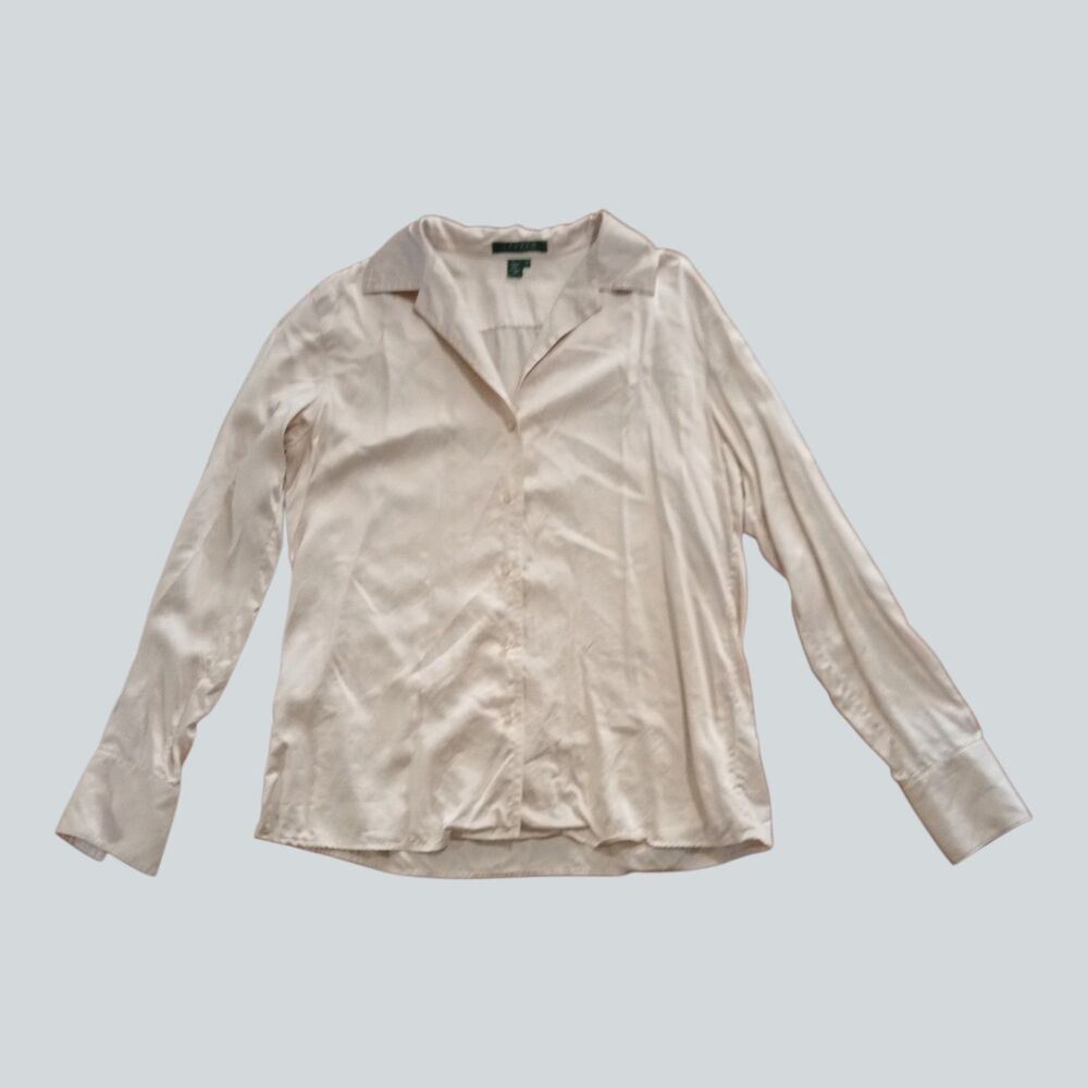 Lauren Ralph Lauren Silk Blouse Womens 8 Light Blush Pink Button Up Shirt